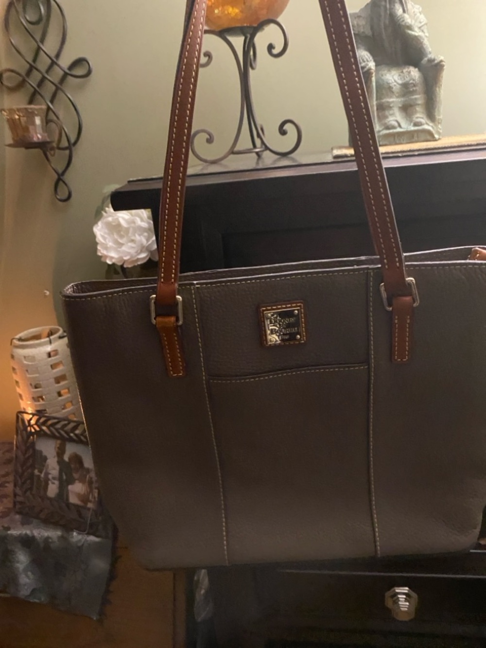 Dooney & Bourke Taupe Pebble Leather Tote with Brown Trim - Picture 3 of 6